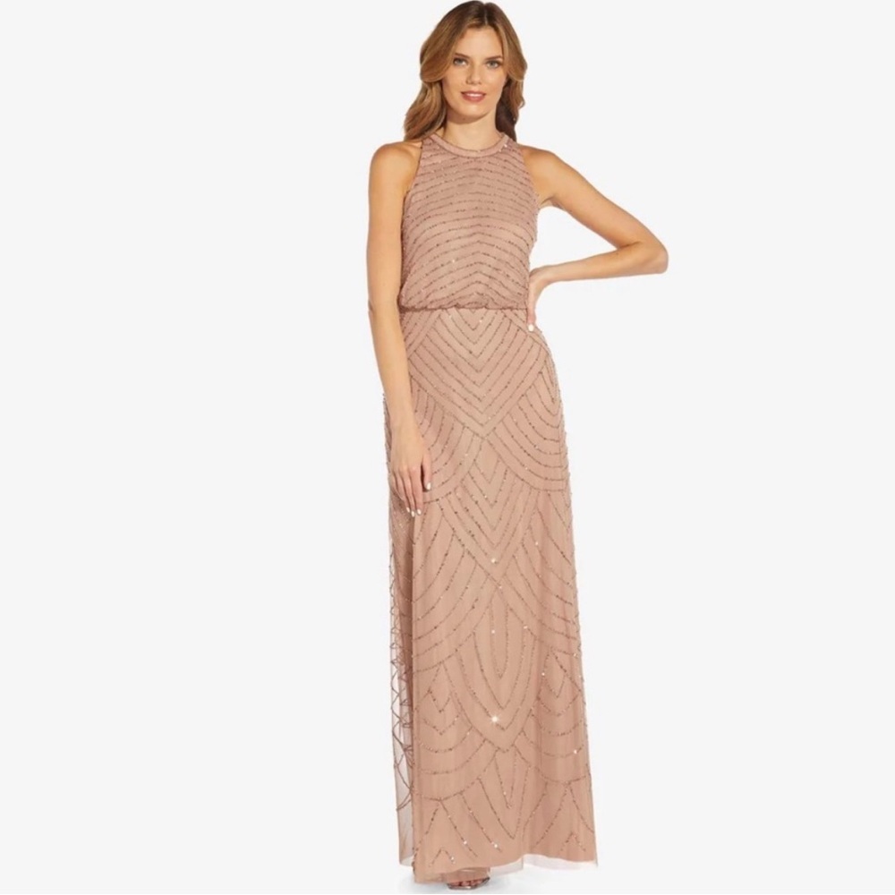 Adrianna Papell Madigan Beaded Sequins Gown in Rose Gold Size 8 NEW